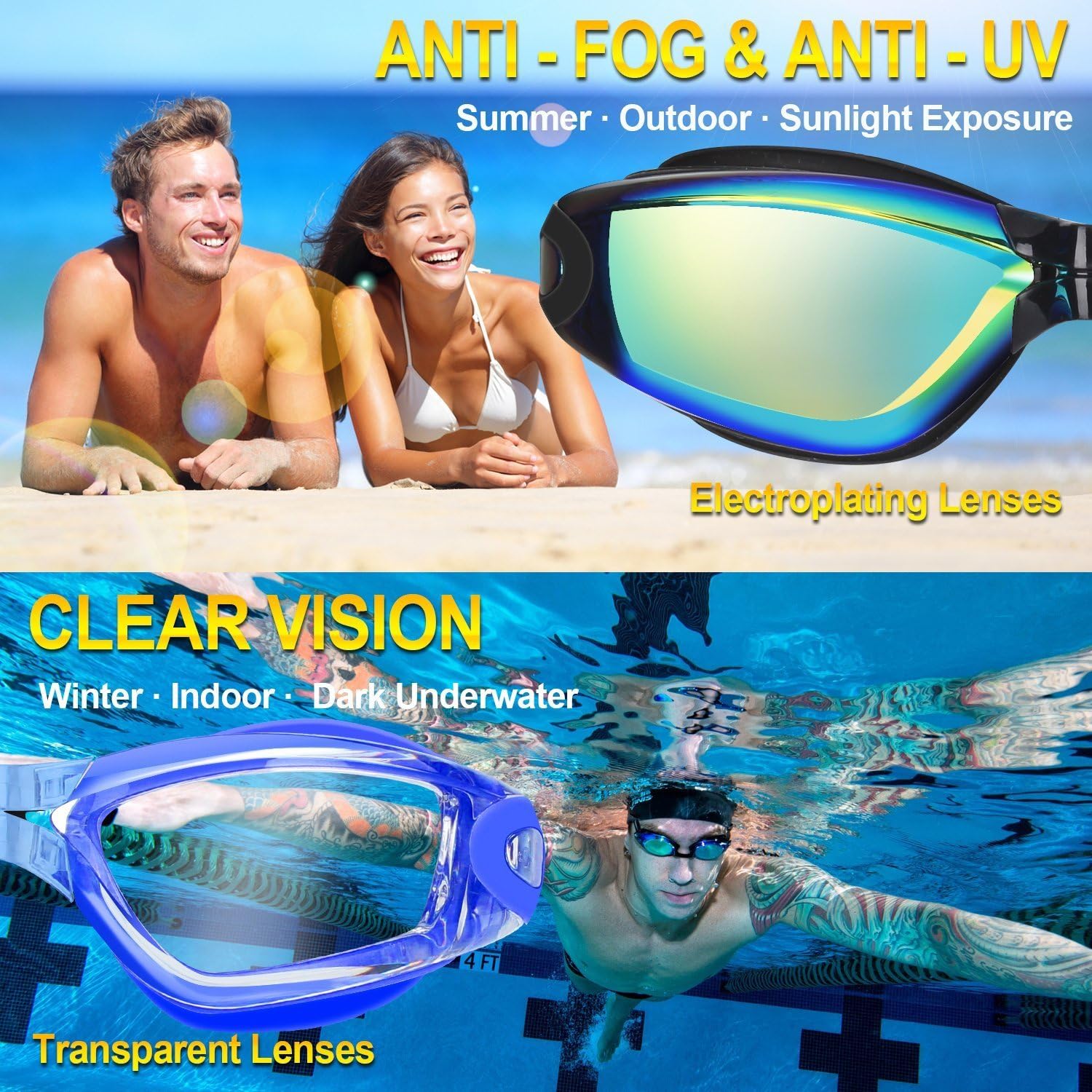 COOLOO Swim Goggles, Pack of 2, Swimming Goggles for Adult Men Women Youth Kids Child, Triathlon Equipment, with Mirrored & Clear Anti-Fog, Waterproof, UV 400 Protection Lenses, Made : Sports & Outdoors