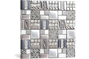 Blujellyfish Metallic Glass Mosaic Tiles Silver Gray 100% Glass Tile Water Resistant for Kitchen Backsplash Bathroom Shower Accent Wall Decor TSTGT151 (5 Square Feet)