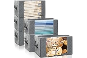 90L Large Capacity Clothes Storage Bags, 6 Pack Storage Bins with Durable Handle, Sturdy Zipper, Clear Window, Suitable for C