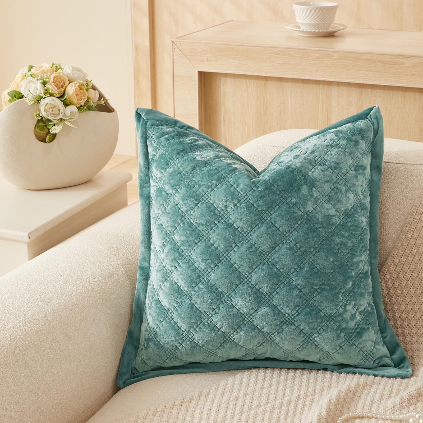 Photo 1 of COCOPLOCEUS Throw Pillow Cover 18x18 1 Piece Velvet Square Pillowcase Soft Skin-Friendly Cross Process Decorative Farmhouse Cushion Covers for Couch Sofa Bedroom Living Room,Turquoise