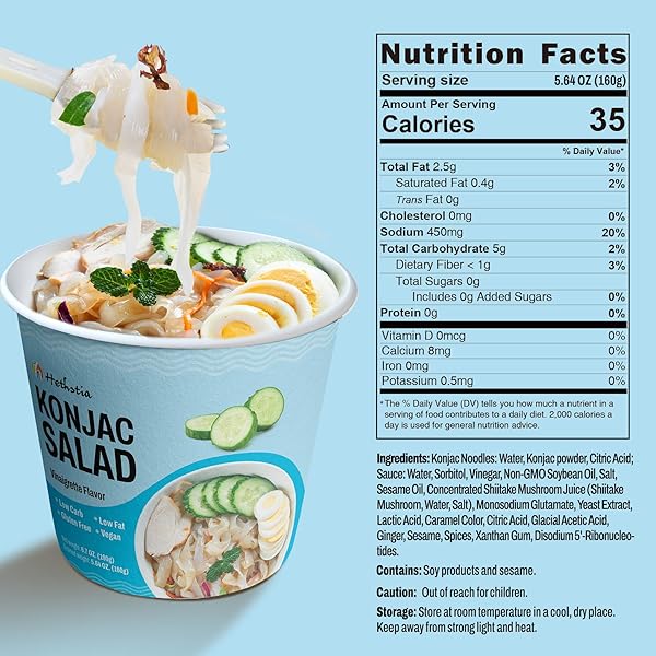HETHSTIA LOW CARB KONJAC PASTA CUP, COLD SHIRATAKI FETTUCCINE WITH VINAIGRETTE SAUCE, GLUTEN-FREE VEGAN SIDE DISH, KETO, SUGAR-FREE, LOW FAT, PRE-PACKAGED MEAL, READY TO EAT, 6.7 OZ (PACK OF 6)