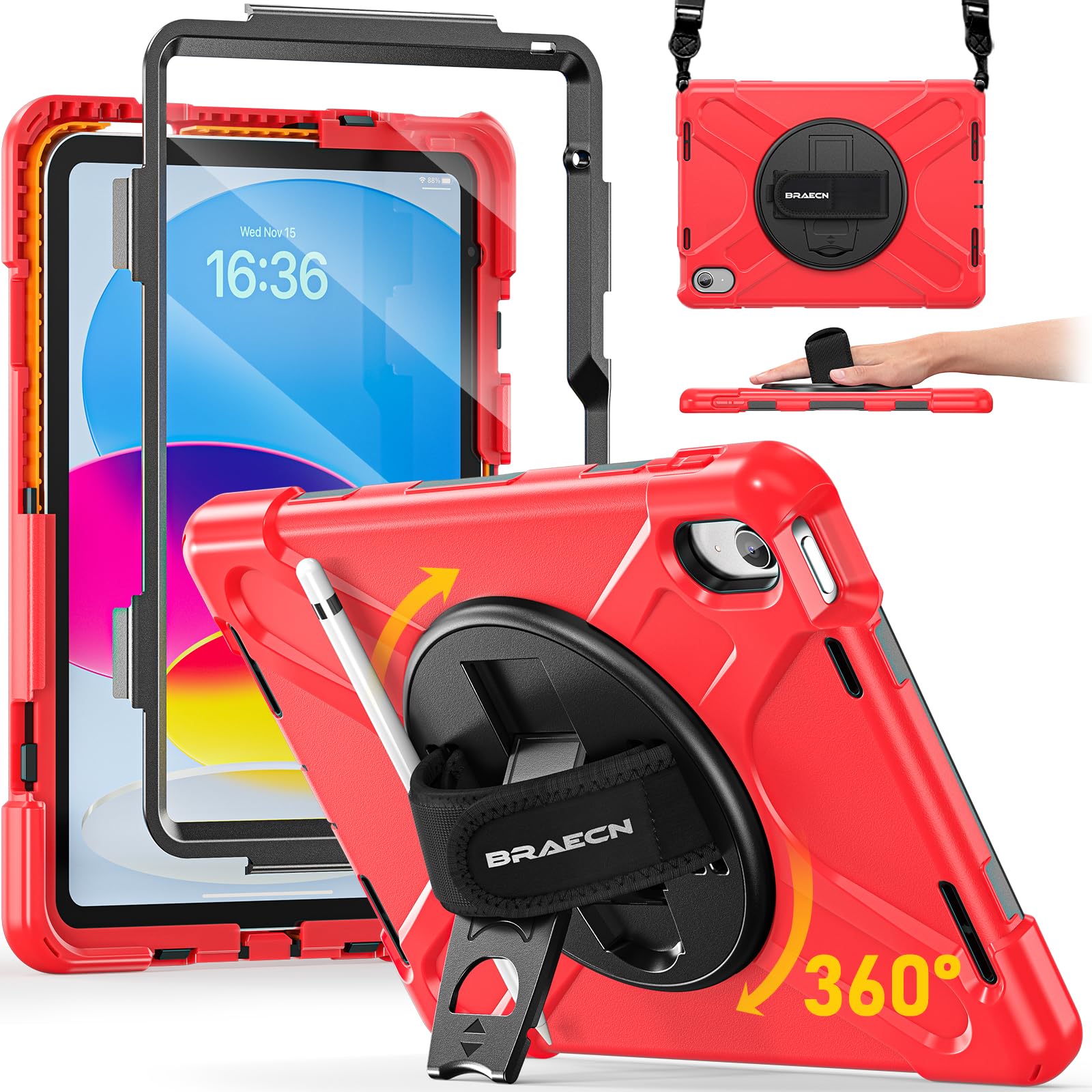 BRAECN for iPad (A16)11th/10th Generation case 11/10.9 inch 2025/2022 Heavy Duty Shockproof Protective with Pencil Holder Screen Protector 360°Rotating Stand Handle & Shoulder Strap Full Body Cover