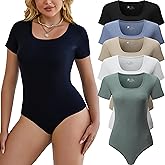 Chongbaijia 5 Pack Short Sleeve Bodysuits for Women Square Neck Casual Stretchy Basic Body Suits Tops T Shirts