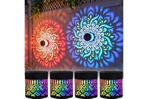 Solar Mandala Lights Outdoor Wall, Seven-Color Changing Solar Mandala Projector Light, Outdoor Waterproof Metal Fence Lights for Garden Post Patio Backyard Yard Decor (4pcs)