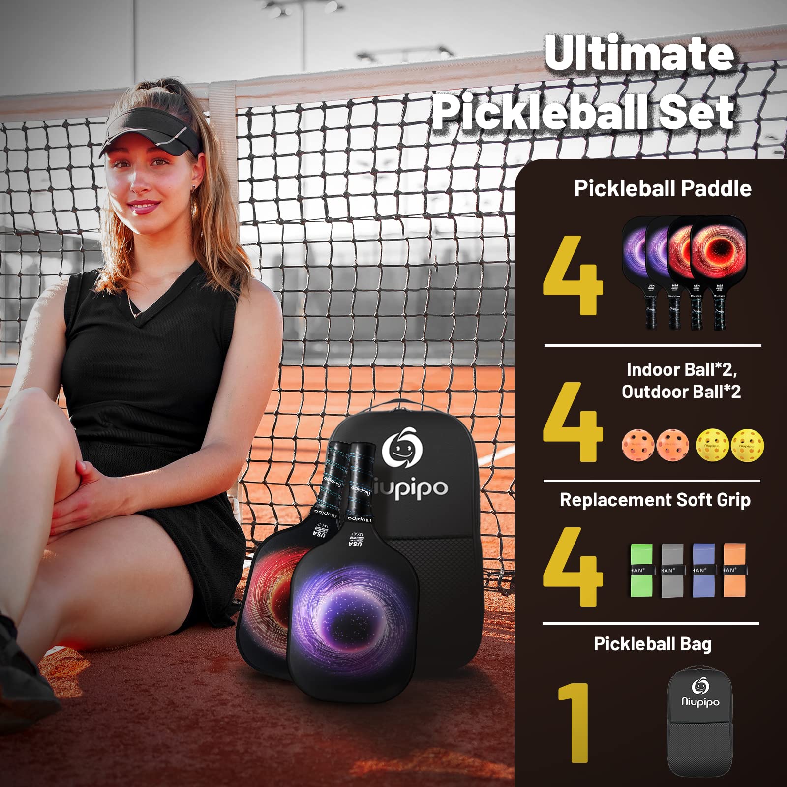 niupipo Pickleball Paddles Set of 2/4/1, USAPA Approved Lightweight Pickleball Rackets, Durable Fiberglass Surface with Polypropylene Honeycomb Core, Cushion Grip and Carry Bag for Beginner