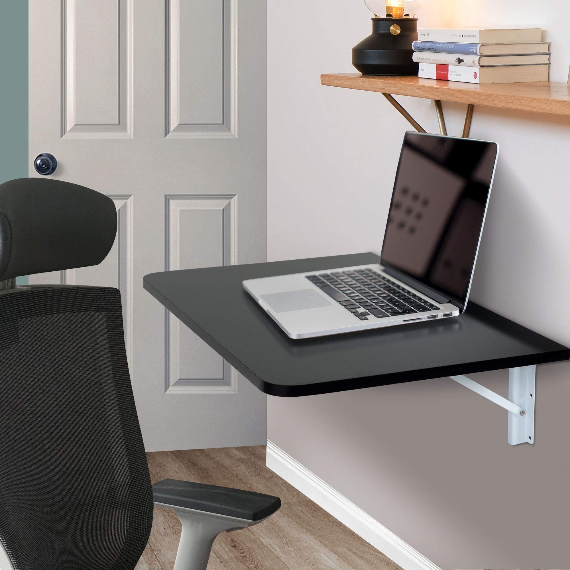 JAXSUNNY Folding Wall Mounted Drop-Leaf Laptop Desk Wall-Mounted Table with Brackets, Folding Table Space Saving Foldable Table, Black