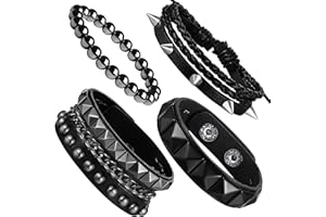 Sahoottie 4Pcs 7.2-7.8in Punk Bracelets for Men Women Leather Spike Bracelet Metal Cuff Set Emo Adjustable Studded Bracelets Punk Jewelry Emo Goth Accessories