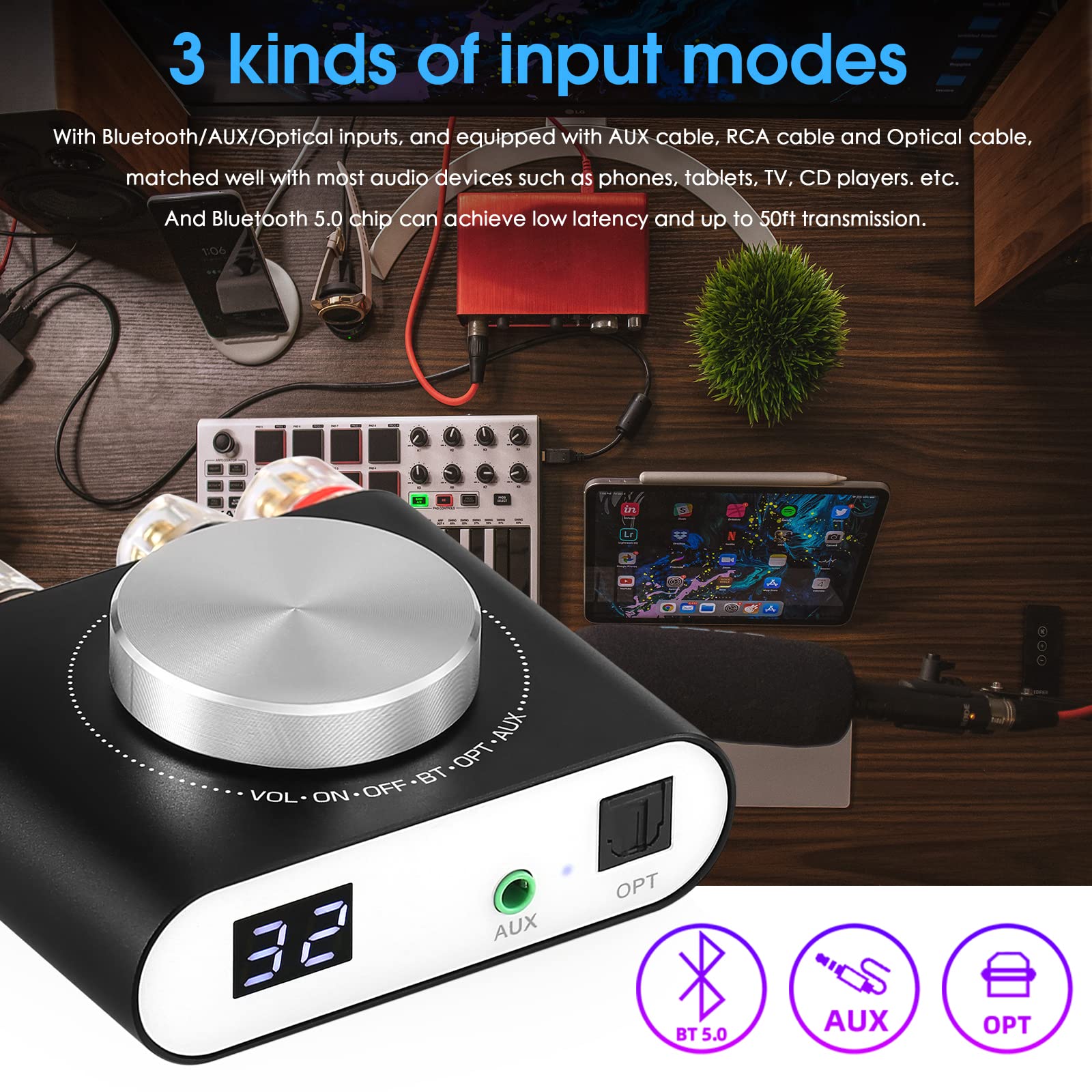 Nobsound Q10 2 Channel Bluetooth Amplifier, 100 watts x2 Audio Power Mini Amp Wireless Receiver with Optical Input for Home Theater Stereo Speakers