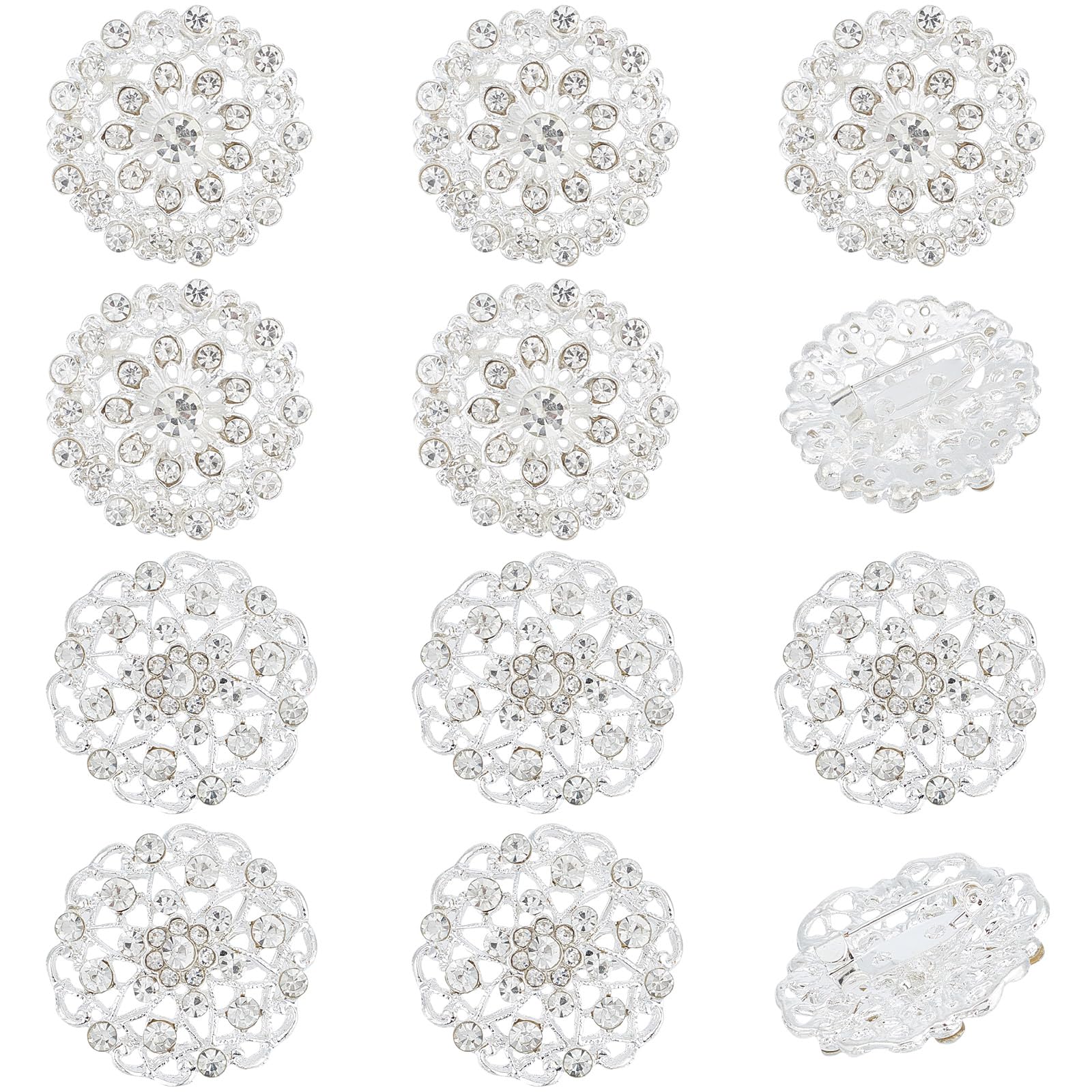 GORGECRAFT 10Pcs 2 Styles Crystal Rhinestone Flower Brooch Pin Flowers Embellishments Buttons Sliver Flatback Brooches Lapel Badge Jewelry for Woman DIY Crafts Wedding Dress Bouquet Decoration Gift
