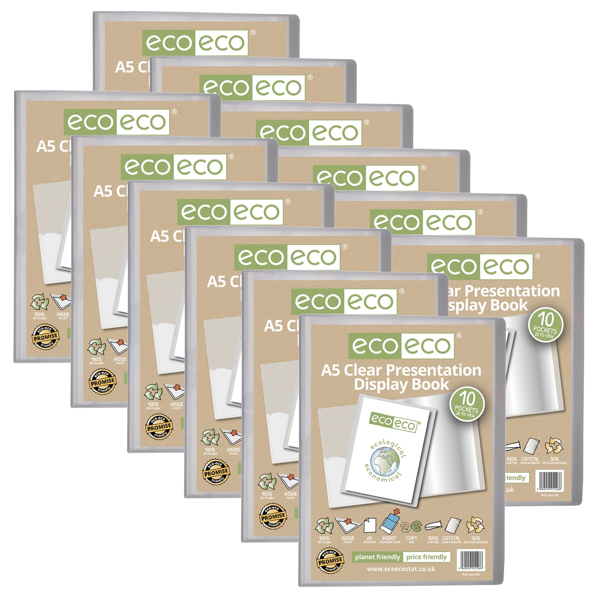 eco-eco A5 Size 50 Percent Recycled 10 Pocket Clear Presentation Display Book, Storage Case Portfolio Art Folder with Plastic Sleeves, Pack of 12, eco126x12
