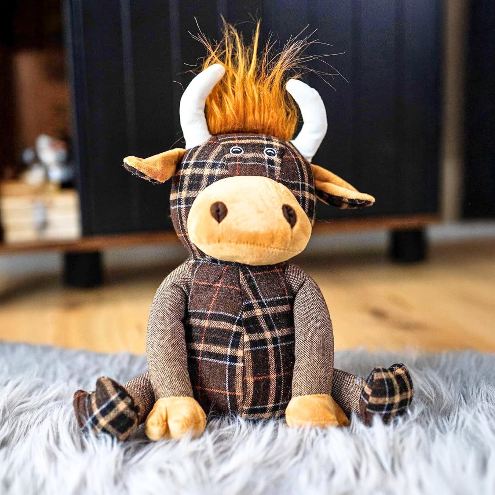 HomeZone Brown Highland Cow Door Stopper - Fabric Finish, Tartan Outfit - Indoor Decorative Accessory