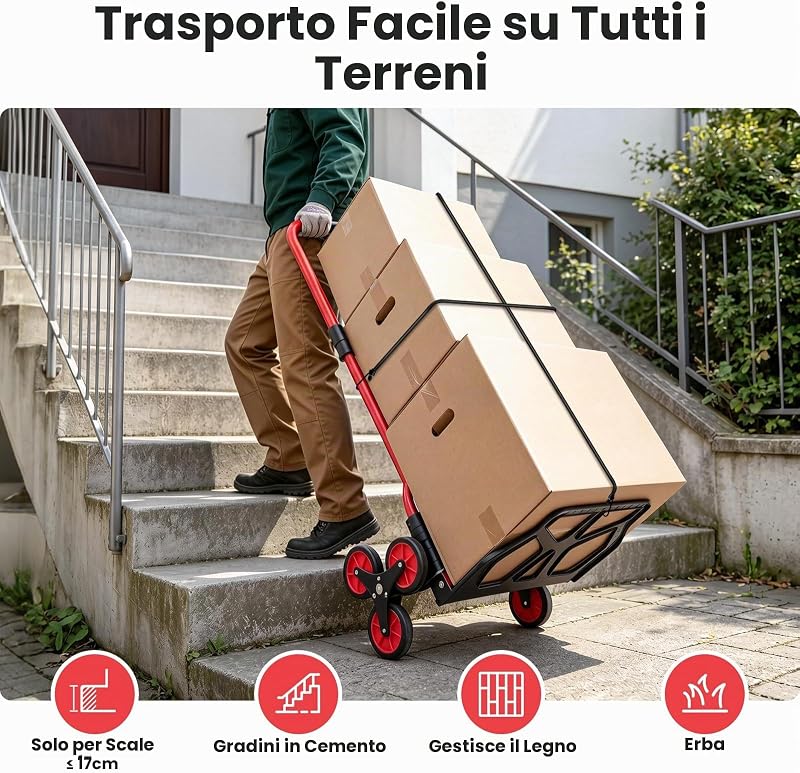Carrello Saliscale Pieghevole Manico Telescopico 50 kg Rosso