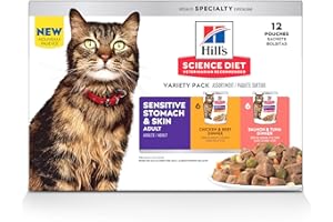 Hill's Science Diet Sensitive Stomach & Skin, Adult 1-6, Stomach & Skin Sensitivity Support, Wet Cat Food, Variety Pack: Chicken & Beef; Salmon & Tuna Stew, 2.8 oz Pouch Variety Pack, Case of 12