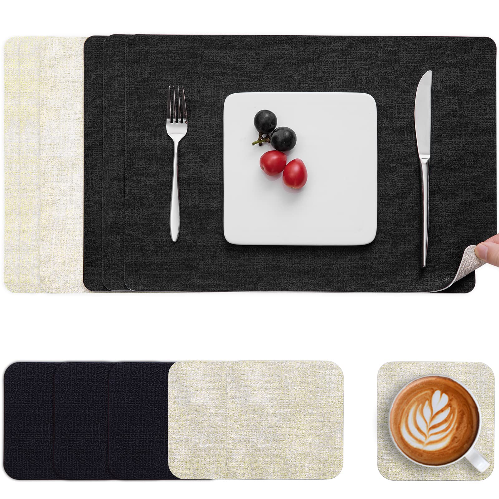 Myir JUN Placemats and Coasters Set of 6, Place Mats Dual Sided Faux Leather Table Mats PU Indoor Outdoor Heat Resistant Placemat Square Non Slip Wipeable Washable Dining Restaurant (Black Linen)