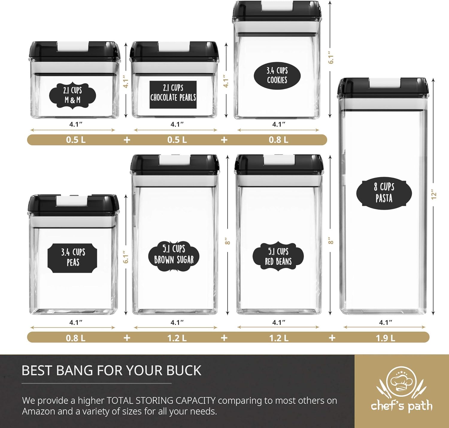 Chef's Path Airtight Food Storage Container Set - 7 PC Set - Labels & Marker - Kitchen & Pantry Organization Containers - BPA-Free - Clear Plastic Canisters for Flour, Cereal with Improved Lids: Home Improvement