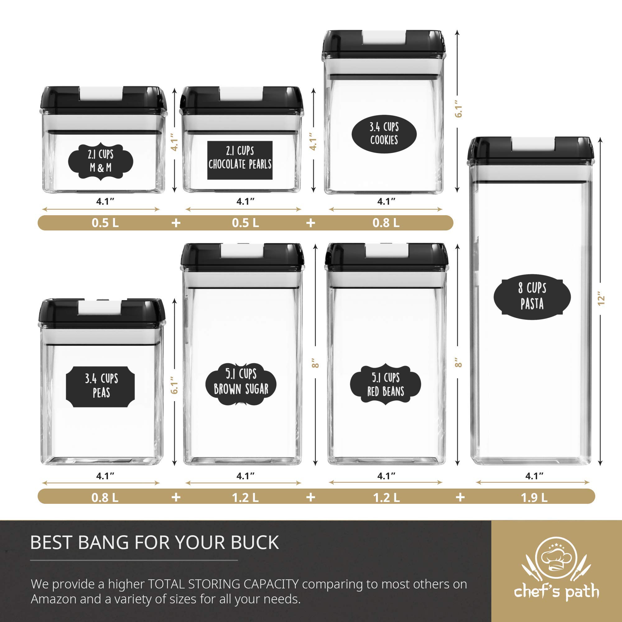 Chef's Path Airtight Food Storage Container Set - 7 Piece Set - Label Markers - Kitchen Pantry Organizer - BPA Free - Clear Plastic Canisters for Flour/Cereal with Improved Lid