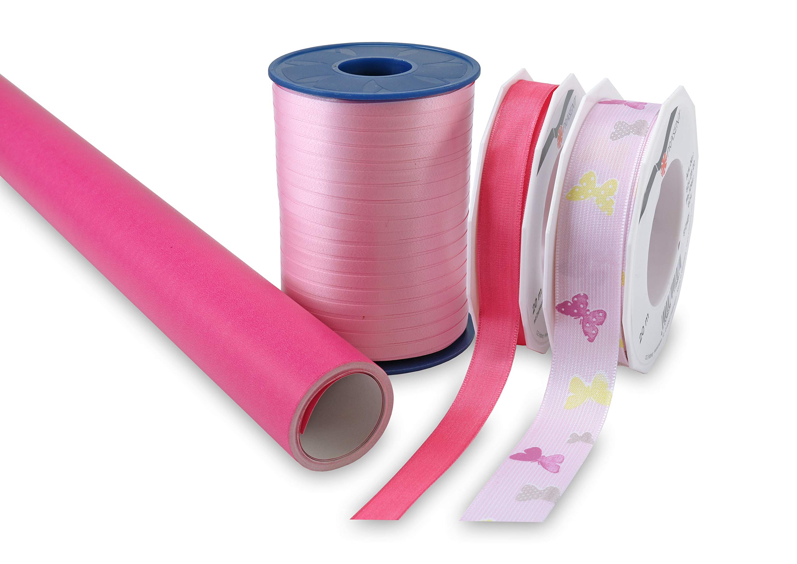 Präsent - Present-Set for Gifts & Crafts Pink Ribbon + Paper 4-Pieces Pack