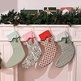 4 Pack Christmas Stockings Green Red Block Print Holiday Scalloped Stockings 22" Canvas Floral Nature Xmas Socks with Tassel Rustic Christmas Hanging Decorations for Stairs Fireplace Xmas Home Decor