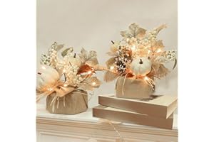 TURNMEON 2 Styles & Timer Thanksgiving Table Decorations- 2 Pack 11 Inch Tabletop Maple Tree Thanksgiving Decor, Lighted Fall Tree with 20 LEDs Battery Powered Leafed Pumpkin Cones Berry Fall Decor for Home