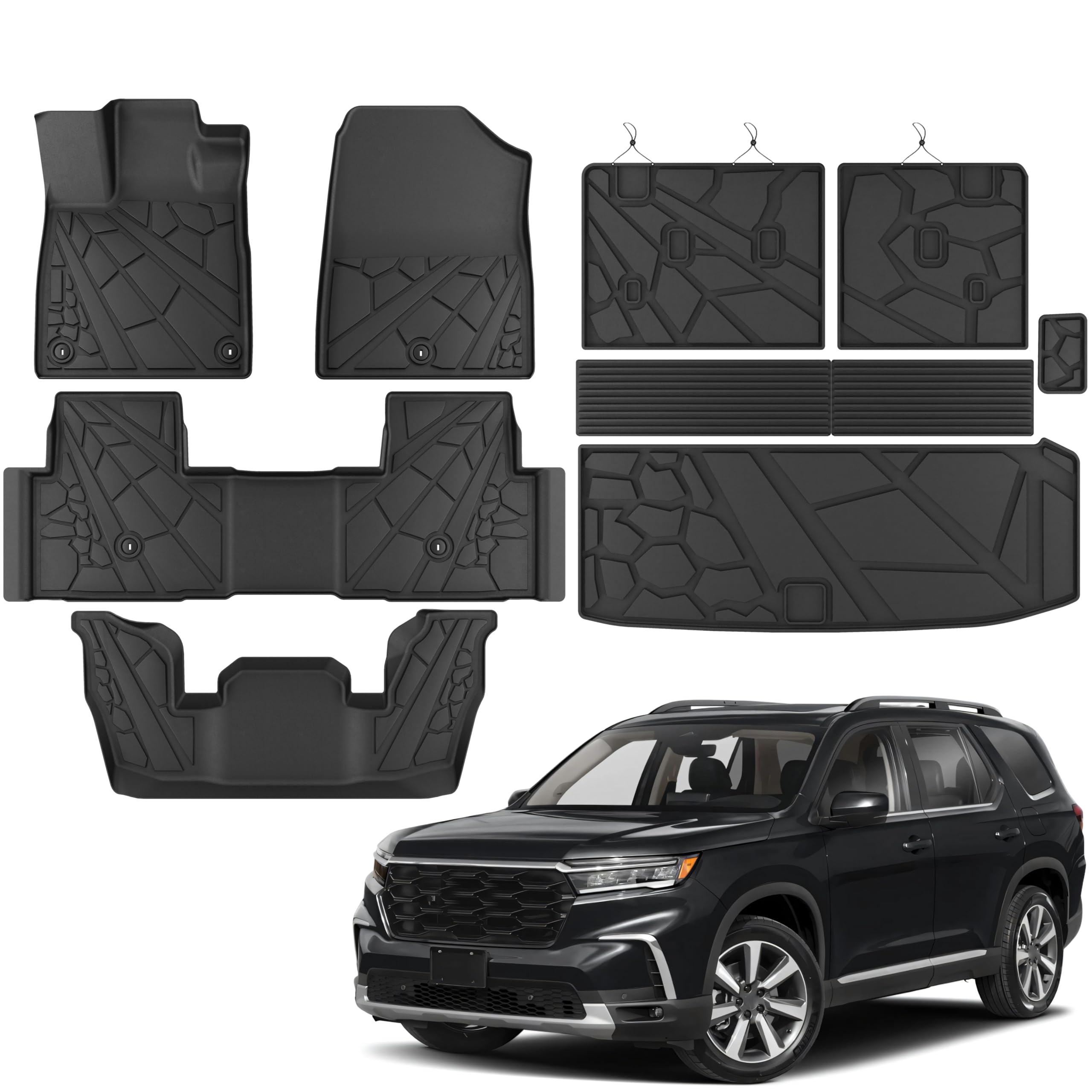 KARPAL Floor Mats for Honda Pilot 2023 2024 2025 2026, All Weather Protection TPE Floor Liners Accessories Car Mats, Front & 2nd Row & Backrest Mat & Cargo Liner Image