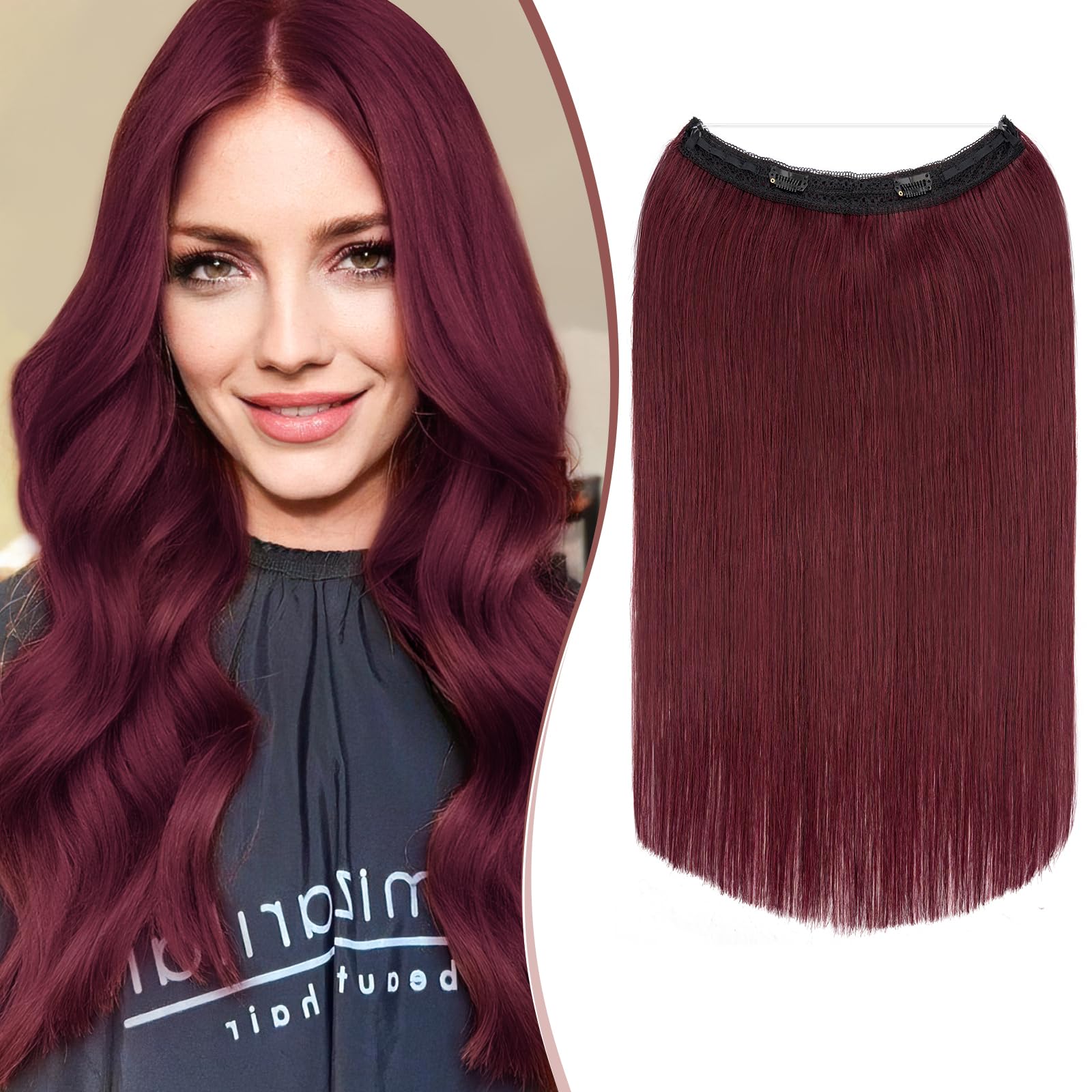 SEGOHAIR Halo Hair Extension Real Human Hair, 14 Inch 80g Straight One Piece Invisible Secret Wire Extensions Wine Red Headband Remy Human Hair Perfect for Added Length & Volume