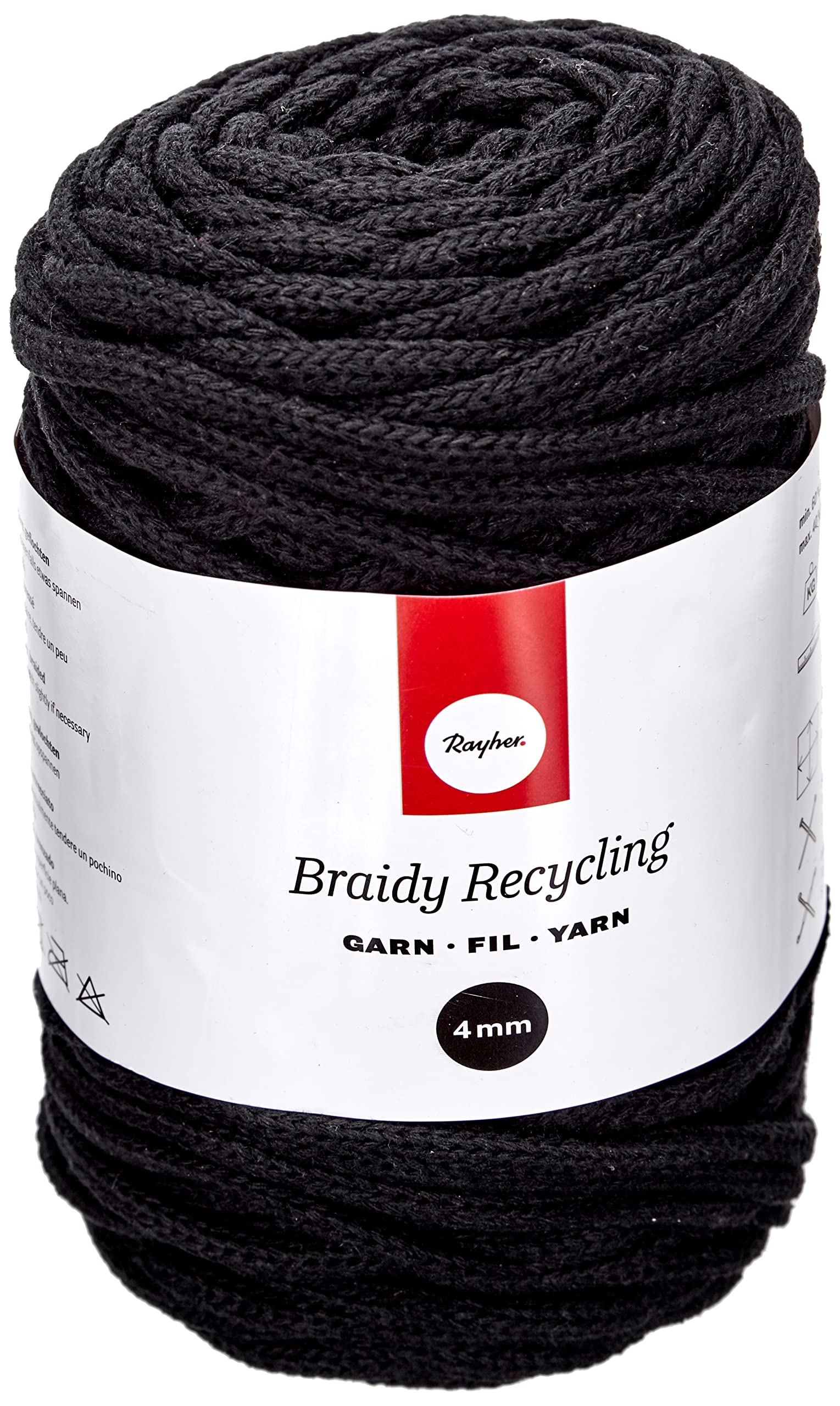Rayher Braidy Recycling Yarn for Craft, 42010576, 4mm, approx. 60m, Black