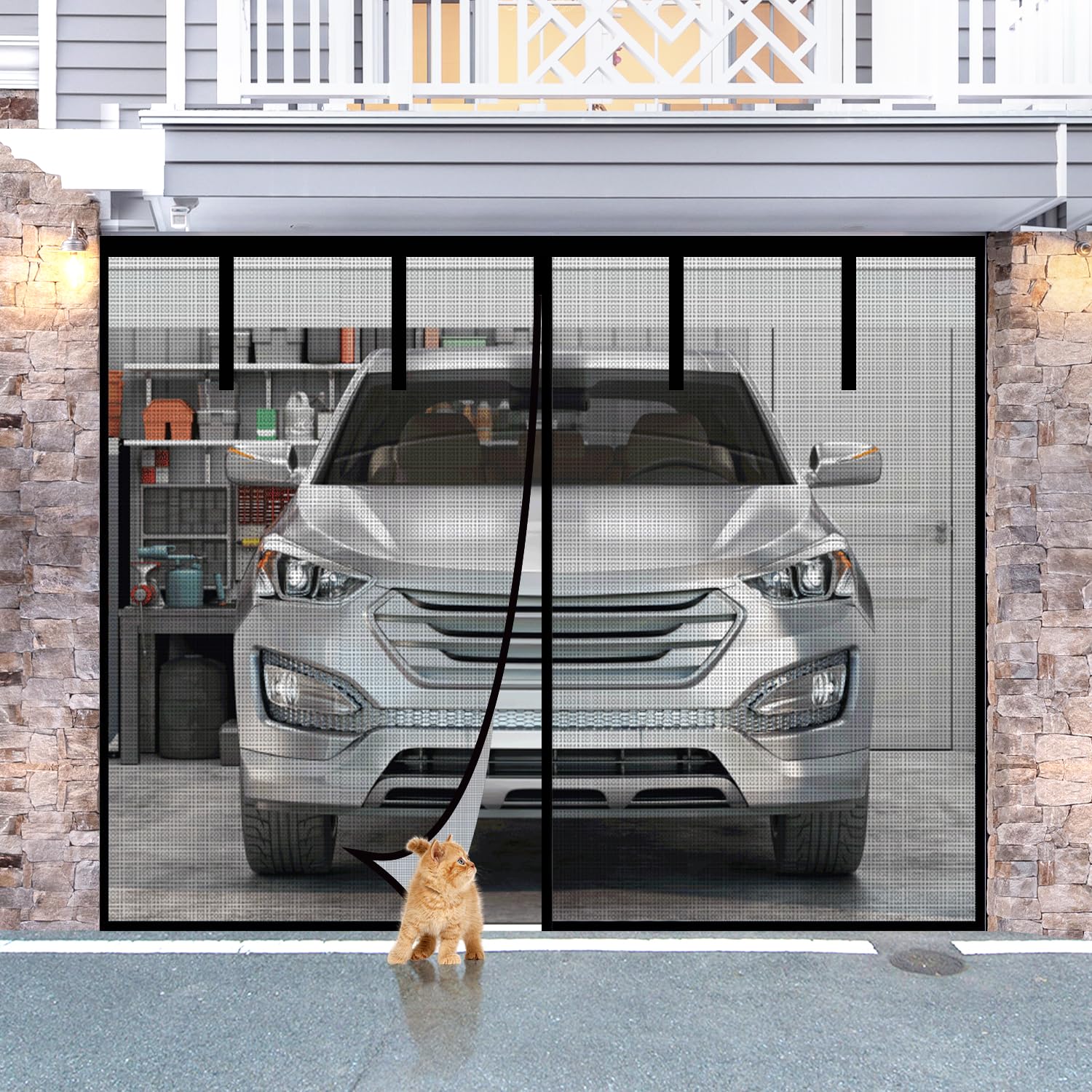 Photo 1 of Fiberglass Garage Door Screen, Sunmoxia 8x7Ft Magnetic Heavy Duty Garage Door Curtain with 4 Strapping Tapes - Durable Breathable Mesh Patio Porch Privacy Curtain