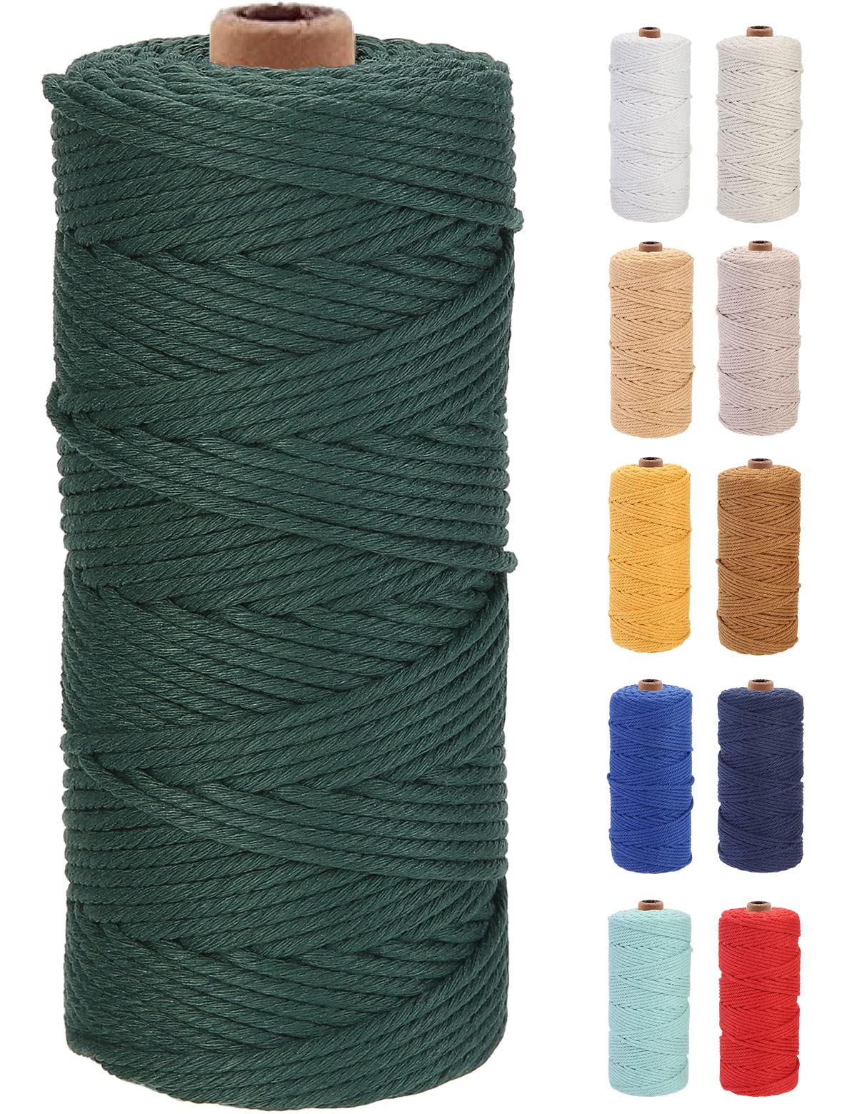 GOHOF Macrame Cord 3mm x 100m Premium Cotton Macrame Rope, 4 Strand Twisted Soft Cotton Cord, Perfect for Macrame Art, Chemical-Free (Deep Green) — image 1