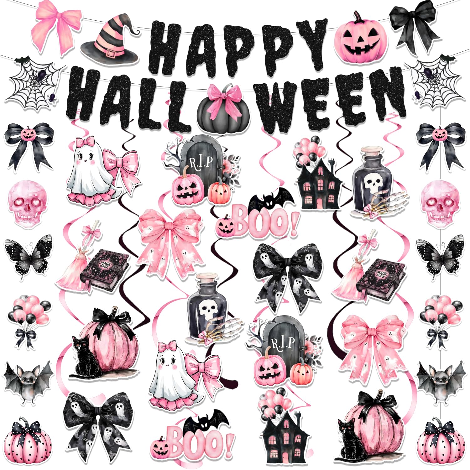 Photo 1 of Pink Halloween Party Decorations, 56Pcs Happy Birthday Day Decor Coquette Booday Bow Ghost Banner Hanging Swirl Pastel Halloween Decorations for Girl Women