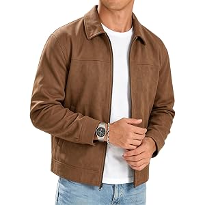 JMIERR Men's Faux Suede Collared Full Zip Casual Jacket | Faux Suede, Machine Washable, Collared Coat, Vintage Old Money Styl