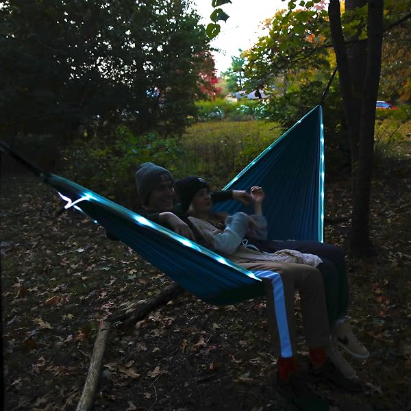 EQUIP OUTDOORS PORTABLE CAMPING ILLUMINATED HAMMOCK, HANGING KIT INCLUDED, TWO PERSON LIGHT UP HAMMOCK, BLUE, 124” L X 77” W (99554)