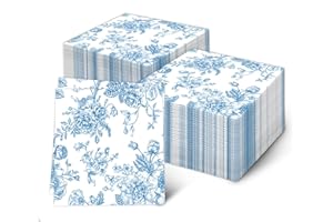 LASLU 100pcs Blue Floral Napkins Disposable Vintage Blue White Flower Paper Napkin Spring Bouquet Beverage Dinner Hand Towels