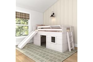 Max & Lily Loft Bed Twin Size, Solid Wood Low Loft Bed with Slide and Ladder, Modern Farmhouse Loft Bed for Kids, White Wash