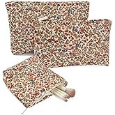3Pcs Floral Makeup Bags, Cosmetic Bags for Women, Large Capacity Corduroy Makeup bag Set and Portable Mini Makeup Bag,Aesthetic Women Handbags Purses, Travel Essentials Aesthetic Stuff (Floral 01)