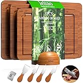 Bamboo Cutting Board for Kitchen, Wood Cutting Board Set with Holder & 4 Knives & Finger Guard, Charcuterie & Chopping Board with Juice Groove, Kitchen Gadgets, Brown