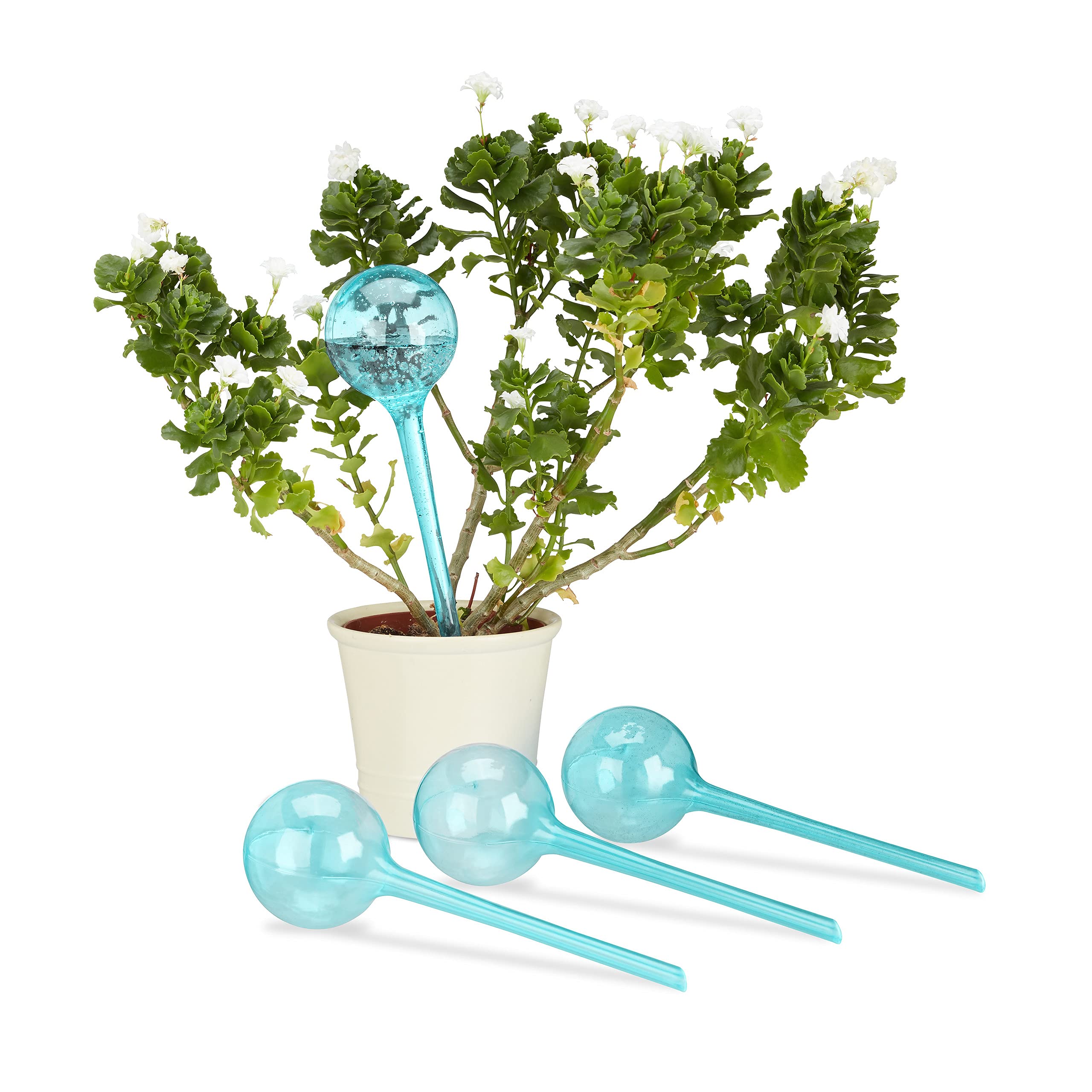 Relaxdays Watering Globes, Set of 4, Regulated Irrigation, 2 Weeks, Pot Plants, Plastic Sphere, Bulb, Light Blue