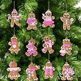 12Pcs Pink Christmas Gingerbread Man Ornaments, Cute Xmas Tree Wall Candy Cane Hanging Decoration for Winter Party Supplies