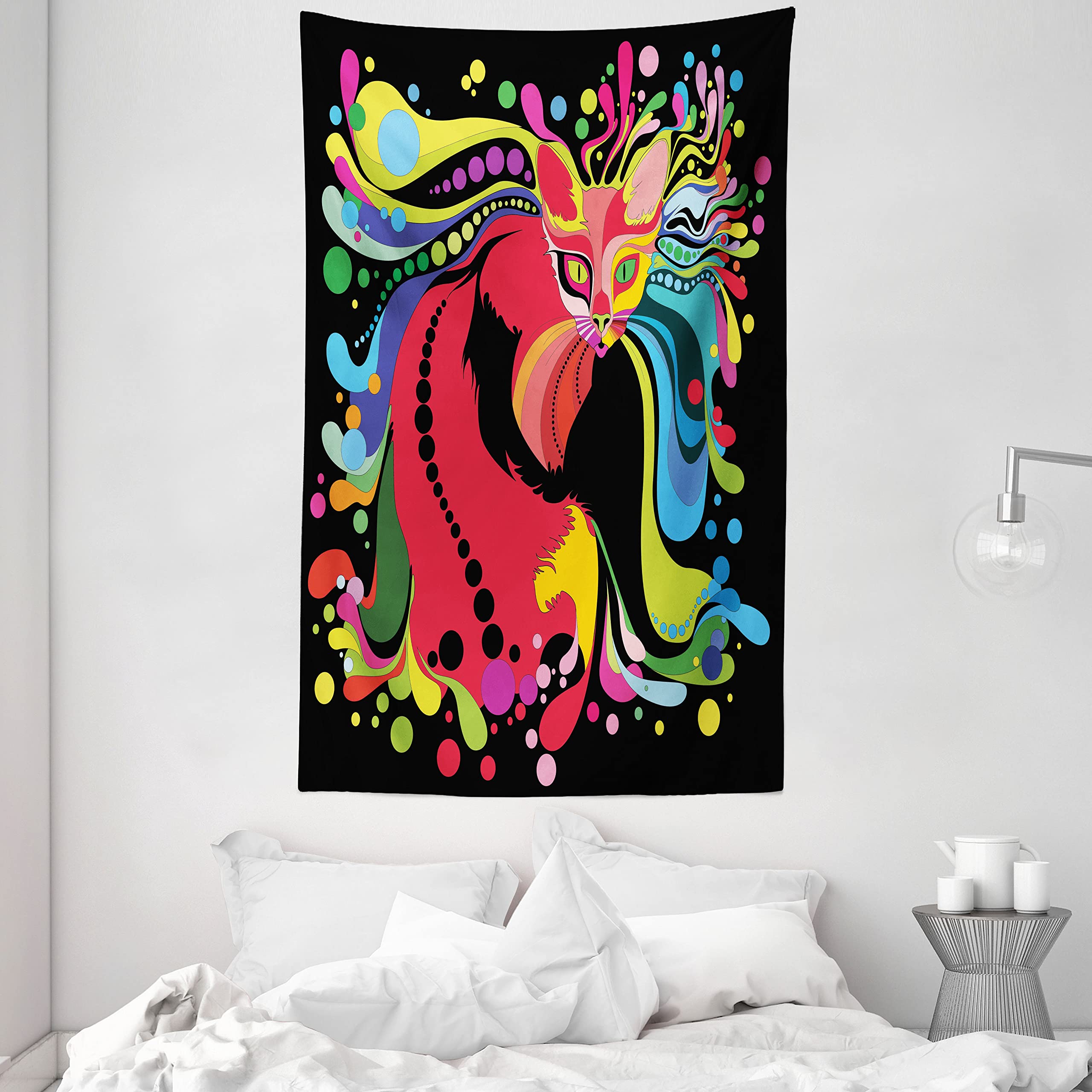 ABAKUHAUS Psychedelic Tapestry, Futuristic Kitty Visual Print Fluid Swirling Color Burst Motifs Kitty Graphic, Fabric Wall Hanging Decor for Bedroom Living Room Dorm, 54 W X 90 L, Black Multicolor