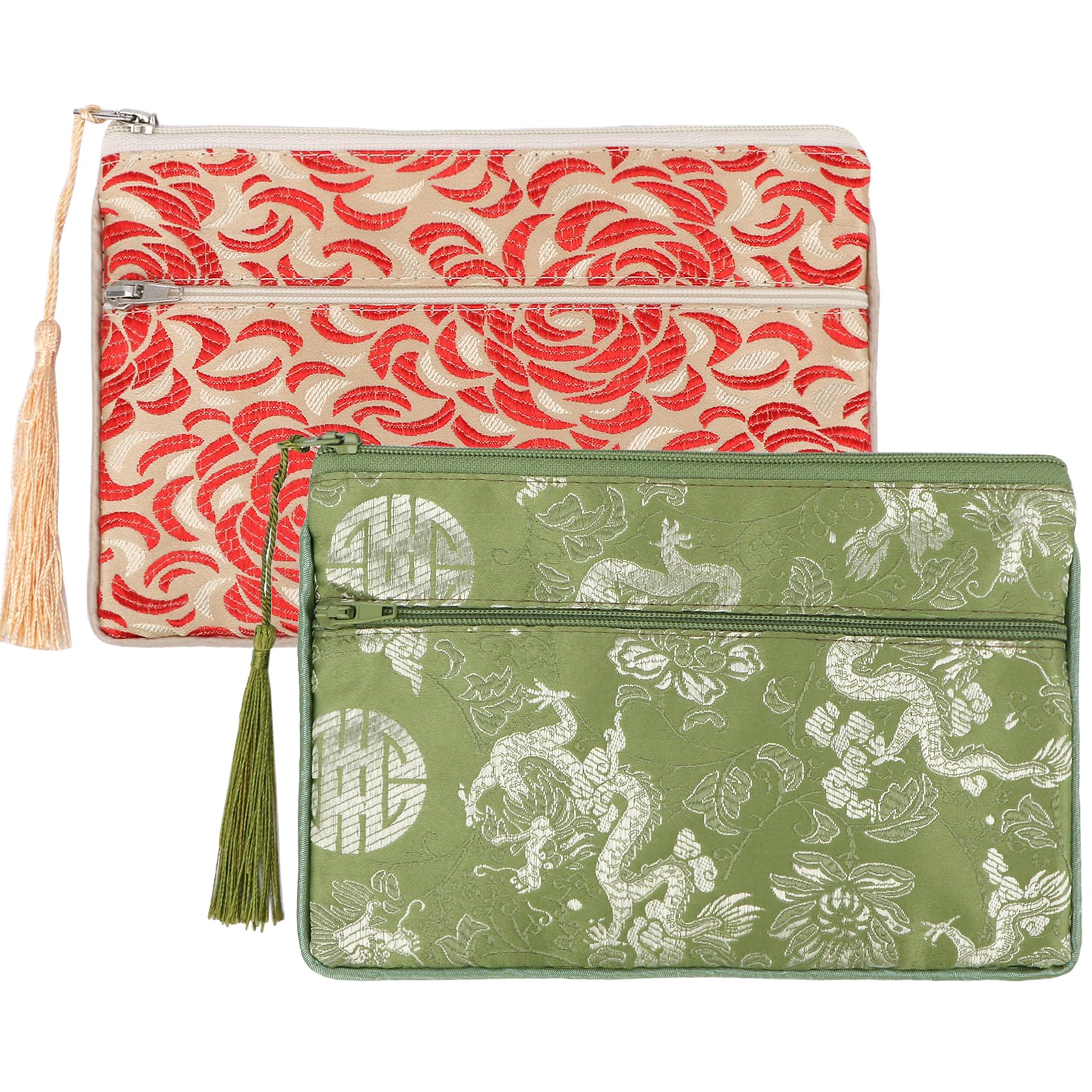 kilofly Chinese Silk Brocade 2 Zipper Pockets Tassel Jewelry Pouch Bag, 7 inch, Set2 D