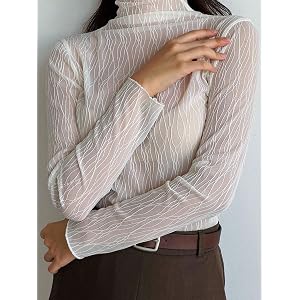 Women's Sheer Textured Mesh Mock Neck Top, Long Sleeve Form-Fitting Base Layer for Layering