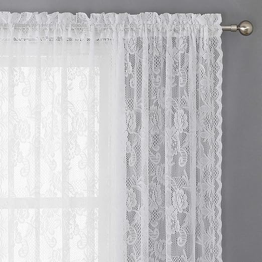 Floral White Sheer Lace Curtains 2 Panels Voile Tulle Fabric Window