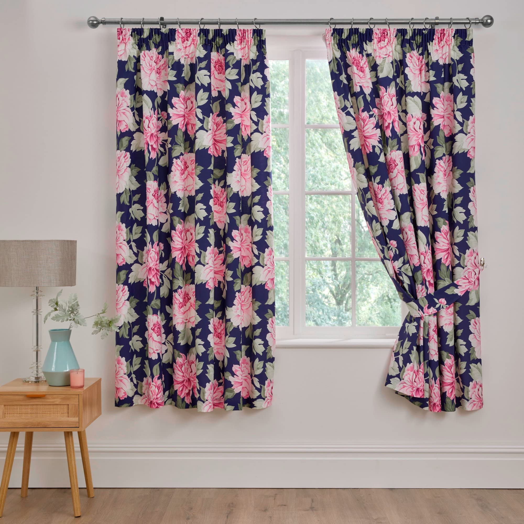 Dreams & Drapes And Drapes Design - Kirsten - Pair of Pencil Pleat Curtains With Tie-Backs - 66" Width x 72" Drop (168 x 183cm) in Pink/Blue