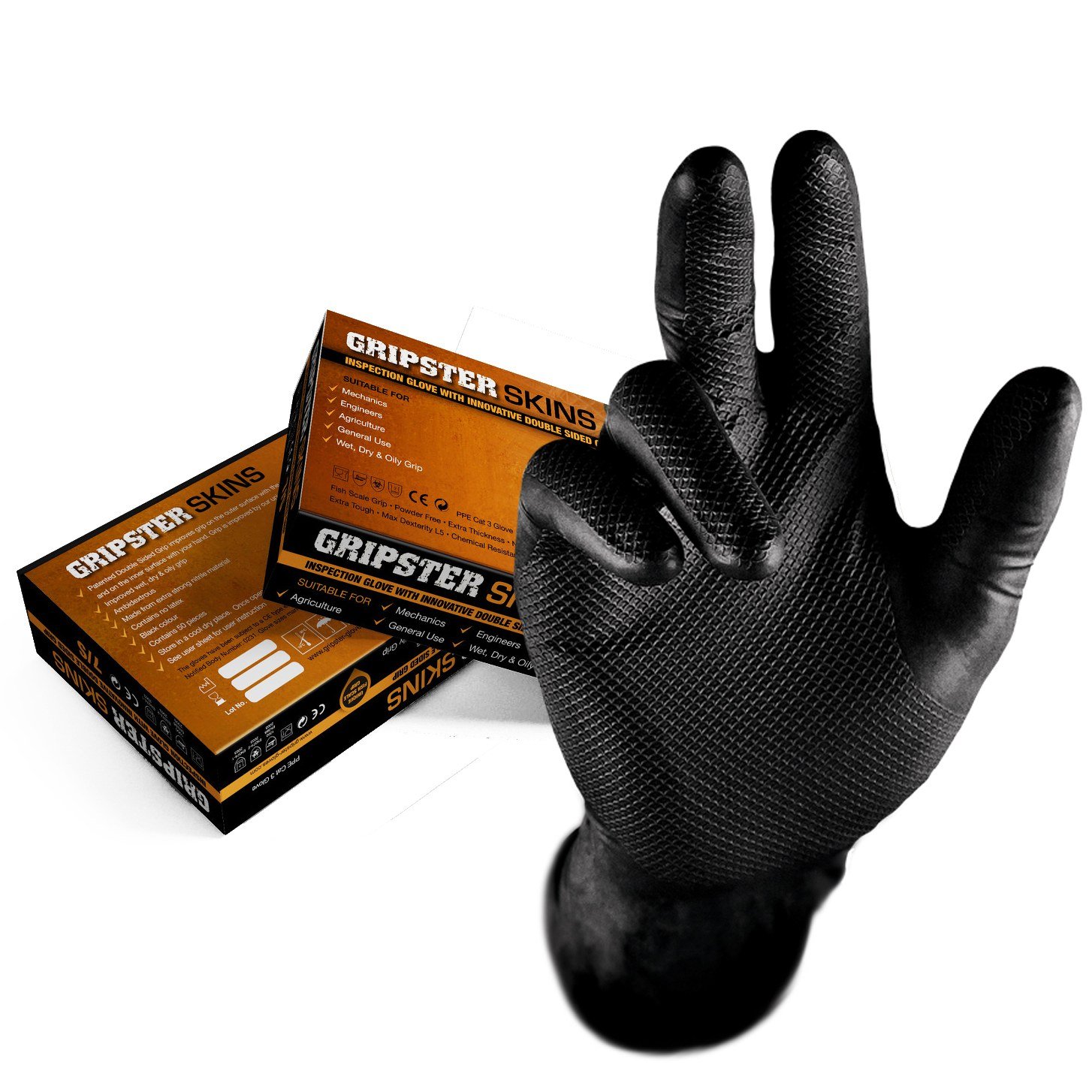 Gripster Skins Heavy Duty Nitrile Disposable Gloves - 50 Pack/25 Pairs – Black – Large (Size 9)