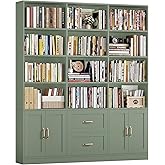 HOSTACK 71" Tall Triple Wide Bookshelf with Storage Drawers &amp; Doors, Green | Large Bookcase with Cabinet, Modern 6-Tier Open Display Shelves, Wood Book Shelf for Living Room, Home Office