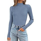 ATHMILE Women's 2026 Fall Long Sleeve Pullover Ribbed Knit Sweater Low Mock Neck Slim Fit Basic Casual Tee Tops