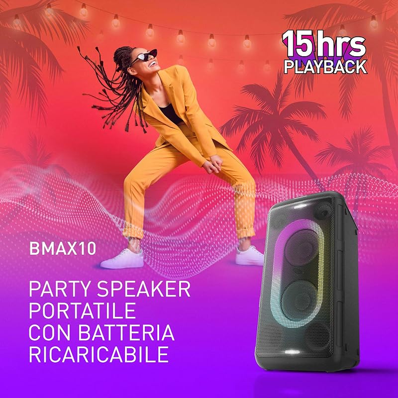 SC-BMAX10E-K Altoparlante Portatile per Feste con Bluetooth, Luci Integrate, 150W, USB, Ingresso Ottico per TV, Ingressi Chitarra e Microfono per Karaoke, Nero