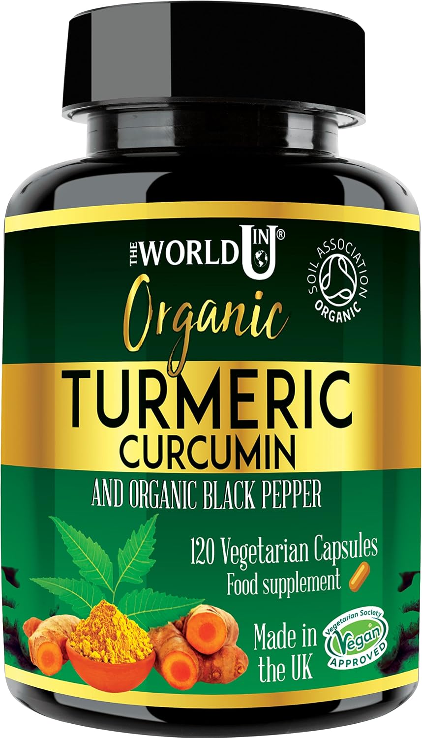 Ultra Pure Organic Turmeric Curcumin and Organic Black Pepper Capsules High Strength Food Supplement 120 Veg Capsules Soil Association Organic Certified and Vegetarian Society Approved