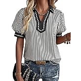 VICHYIE Womens Summer Puff Sleeve Dressy Office Blouses Striped Color Block Work Tops