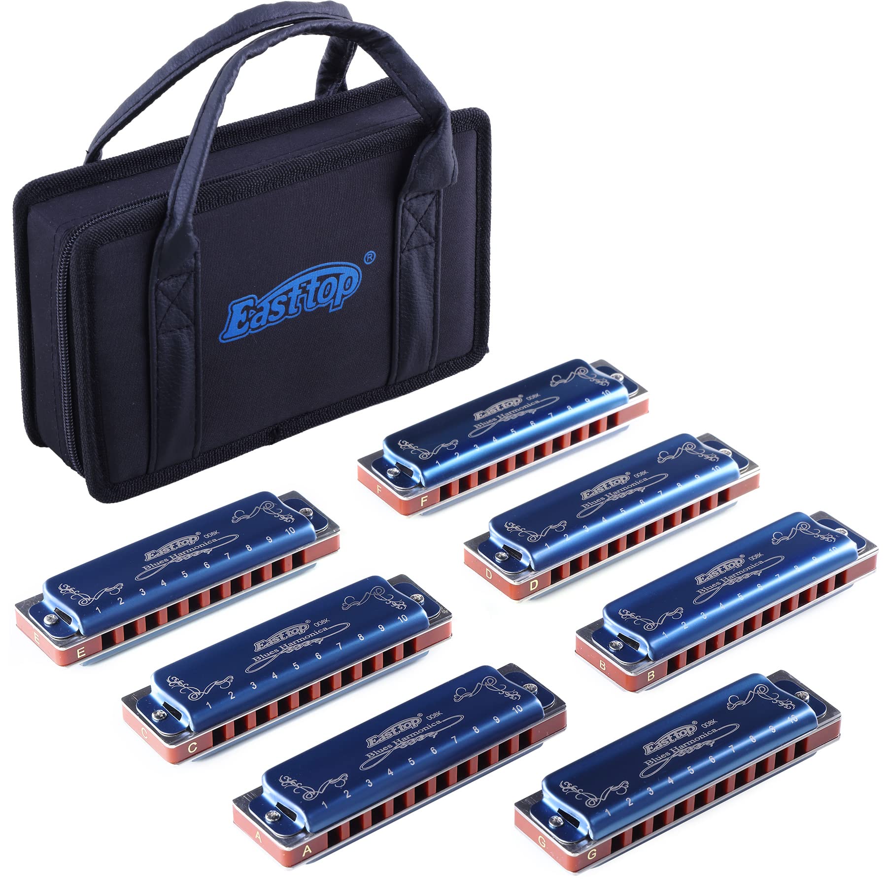 East top Harmonica set of 7, 10 Holes 20 Tones 008K Blues Harmonica, 7 Keys with Blue Case for Adults, Professional Player and Students, as Gift(7)
