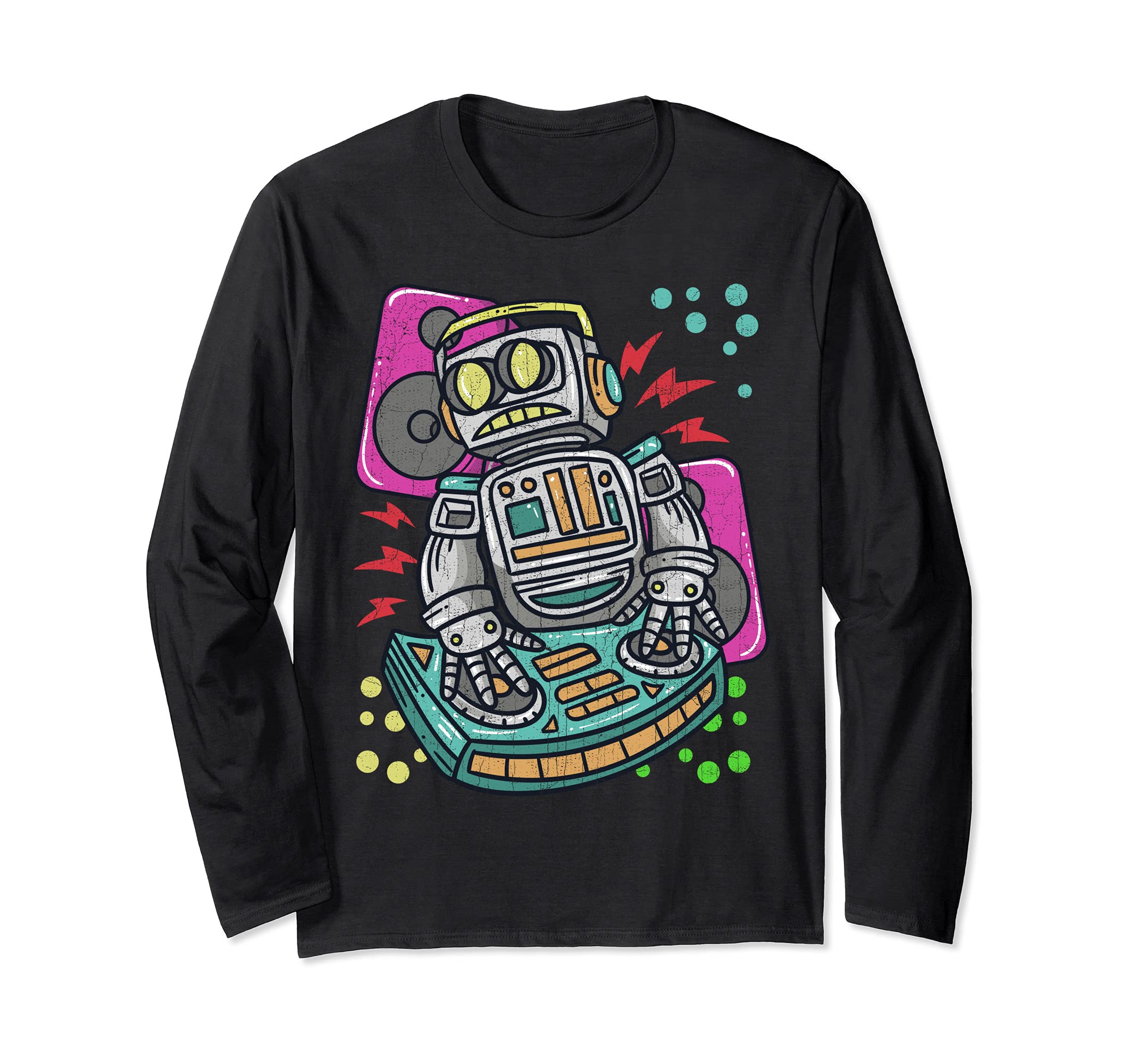 Robot Disc Jockey on DJ Mixing Decks Robotic Long Sleeve T-Shirt